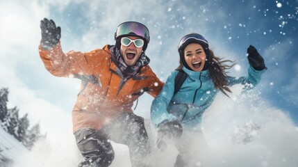 Fototapeta na wymiar Happy, laughing young people in love skiing on snowy mountains at a ski resort, during vacation and winter holidays, bottom view.