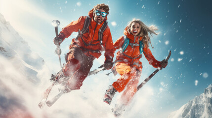 Happy, laughing young people in love skiing on snowy mountains at a ski resort, during vacation and winter holidays, bottom view.