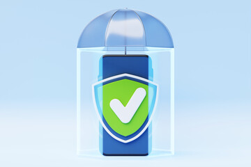 3D  illustration of secure internet connection, smartphone privacy and VPN connection protection. Mobile security concept.