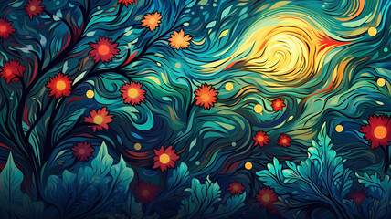 Hand drawn cartoon art abstract van Gogh style impressionist plant flower background material
 - obrazy, fototapety, plakaty