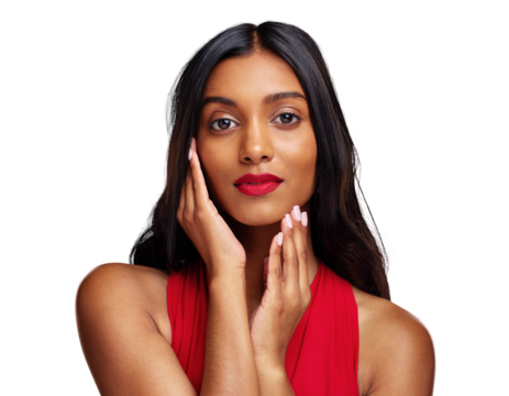 Woman, portrait and face with makeup on valentines day for beauty isolated on a transparent PNG background. Indian female person or model touching skin in facial treatment or cosmetics of lady in red