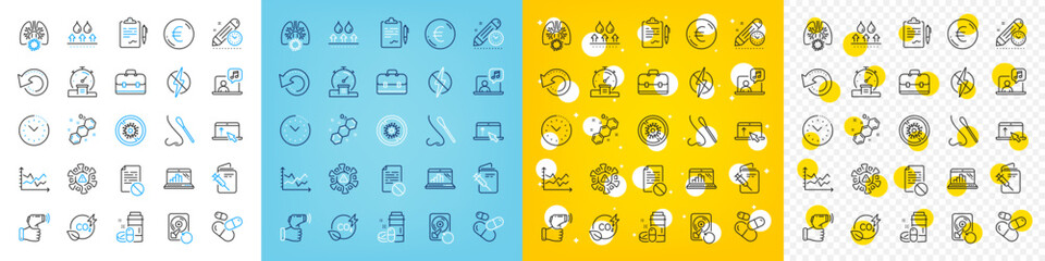 Vector icons set of Timer, Recovery data and Waterproof line icons pack for web with Clipboard, Vaccination passport, Diagram chart outline icon. Electronic thermometer, Music. Vector