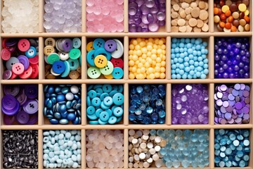 overhead view of neatly organized crafting buttons in a desk organizer