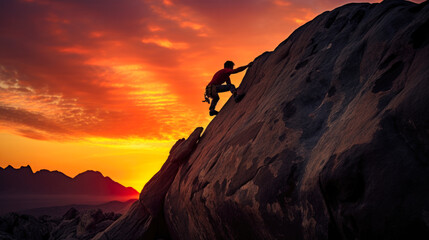 Rock climber reaching the peak against a colorful fiery sunset