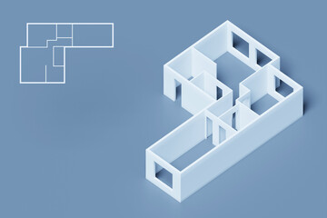 3d interior rendering of an empty paper model of an apartment house with  bedrooms, a large living room and kitchen, bathroom and toilet on a blue background