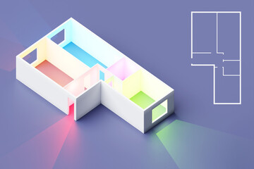 3D rendering. Model of a three-room apartment. Empty apartment without furniture, plumbing and decoration.