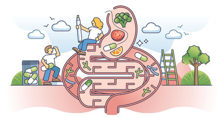 Microbiome health or gastrointestinal gut and colon care outline concept. Medical awareness and bowel microorganisms or digestive system bacillus balance vector illustration. Stomach pills or drugs. - obrazy, fototapety, plakaty