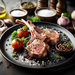 Lamb chops beautifuly plated with vegetables, chef style
