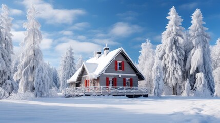 Snow-covered house with beautiful landscape, forest and white snow