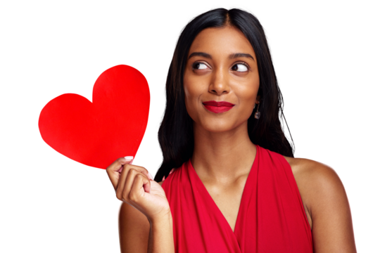 Smile, heart and woman with romance on valentines day isolated on png transparent background for love. Red lips, emoji and happy young female holding a shape or symbol of affection, care or kindness