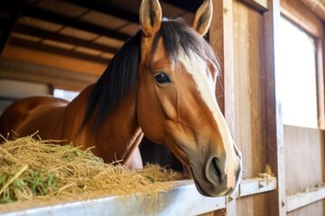 a horse eating hay from a feeder in a stall