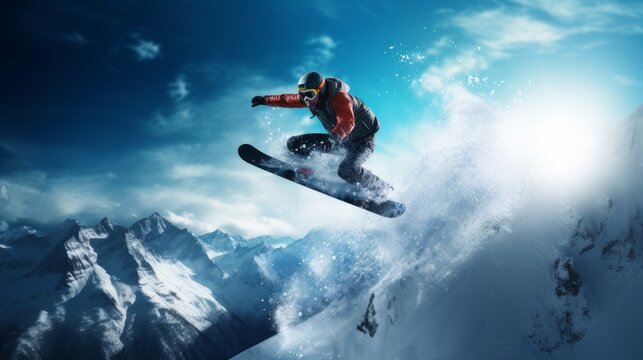 Active, extreme snowboarder jumping at speed at a ski resort, during vacation and winter holidays.