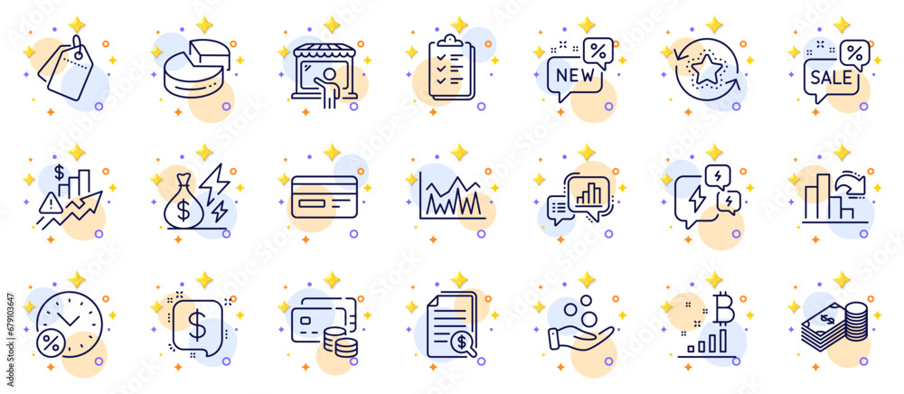Poster outline set of decreasing graph, electricity price and graph chart line icons for web app. include p