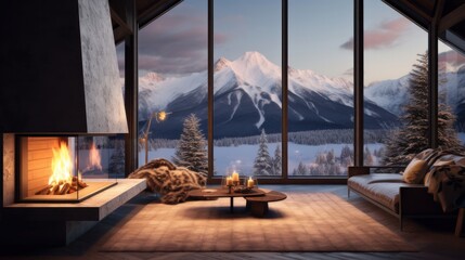 Cozy living room with panoramic window, fireplace with fire and view of winter mountains and forest at a ski resort and luxury hotel, during vacation and winter holidays. - obrazy, fototapety, plakaty