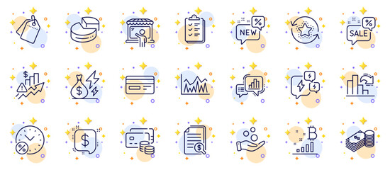 Fototapeta na wymiar Outline set of Decreasing graph, Electricity price and Graph chart line icons for web app. Include Payment message, Savings, Donation money pictogram icons. Credit card, Stress. Vector