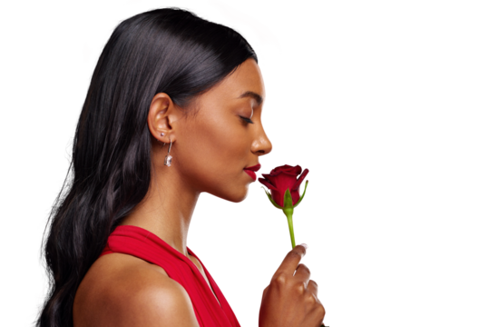 Face, woman and smelling a red rose for valentines day isolated on a transparent PNG background. Fragrance, model and profile of Indian female person with a flower in hand for romance, scent or love