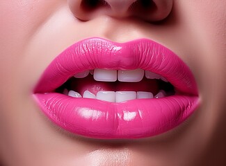 Vibrant Pink Lips With a Captivating Glow. A close up of a woman's lips with bright pink lipstick