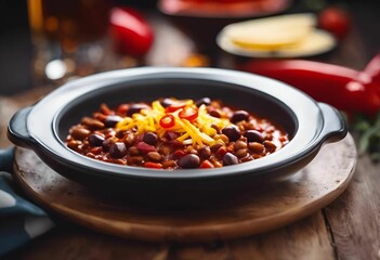 AI generated illustration of a bowl of steaming chili con carne atop a rustic wooden table - obrazy, fototapety, plakaty