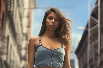 Woman in casual denim shorts and crop top, new york street background