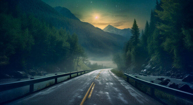 Spooky Night Forest and Road Panorama At Blue Moon Light, creepy foggy lanscape