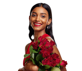 Happy, flowers and portrait of Indian woman for valentines day isolated on a transparent PNG background. Face of young female person or model smile with red roses for floral gift, romance or love