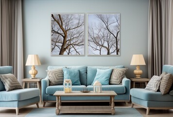 Fototapeta na wymiar Modern living room interior design with blue wall, sofa, lamp and painting. Created with Ai