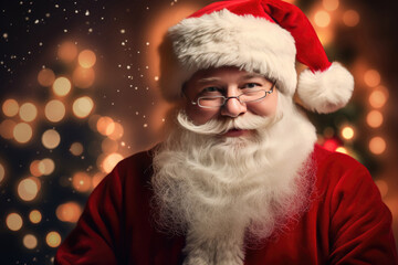 Cheerful Santa Claus in red outfit and Santa hat with holiday lights in the background