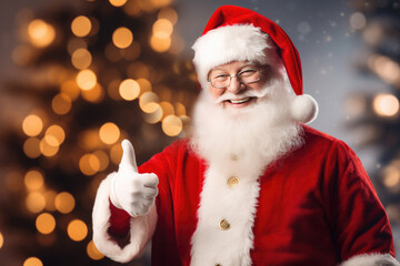 Cheerful Santa Claus in red outfit and Santa hat with thumb up and holiday lights in the background