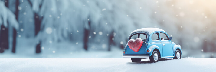 Blue toy car with red heart on winter snowy background