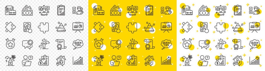 Outline Quick tips, Checklist and Work home line icons pack for web with Puzzle, Report, Certificate line icon. Pyramid chart, Employees messenger, Money pictogram icon. Vacancy. Vector