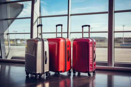 Three suitcases in empty airport hall