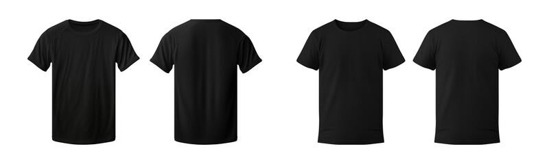 realistic set of male black t-shirts mockup front and back view isolated on a transparent background, cut out