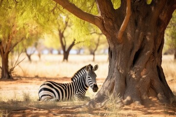 a zebra sheltering under a tree in bright sunlight