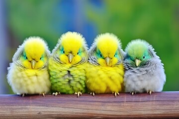 a group of budgies chattering and preening
