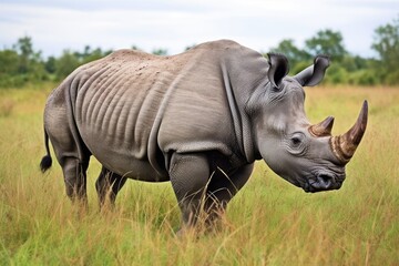 Fototapeta premium a rhinoceros grazing freely in an open field