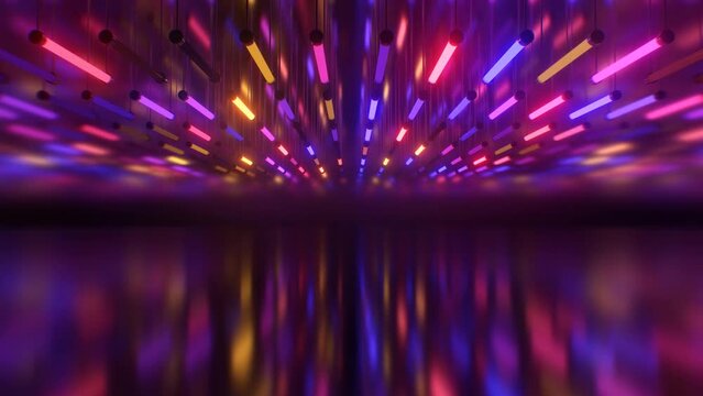 Flashing Pulsating Neon Glowing UV Lights Hang Above Mirror Surface - 4K Seamless VJ Loop Motion Background Animation