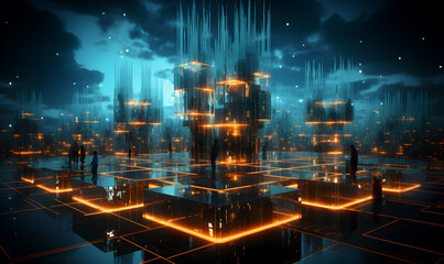 Futuristic city with glowing lights and people silhouettes, 3d rendering. - obrazy, fototapety, plakaty