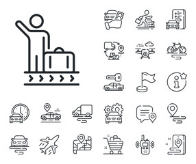 Suitcase bag sign. Plane, supply chain and place location outline icons. Luggage belt line icon. Baggage claim symbol. Luggage belt line sign. Taxi transport, rent a bike icon. Travel map. Vector