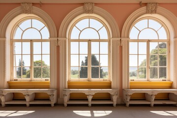 a row of tall, rounded windows in an italianate mansion