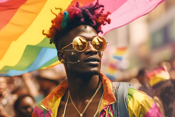 Digital image of a confident biracial man celebrating national coming out day by waving a rainbow flag copy space for lgbt awareness and support of the queer community