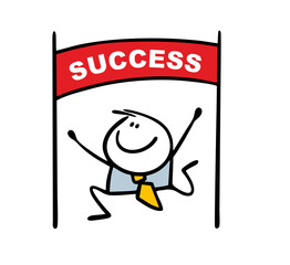 Successful businessman achieved success, ran first to the finish line. Vector illustration of a financial race and a cartoon stickman of an office worker.