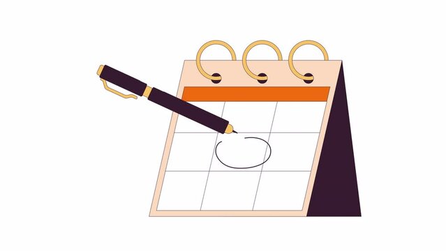 Pen circling important day on calendar line 2D object animation. Reminder holiday flat color cartoon 4K video, alpha channel. Special date encircling on calender animated item on white background