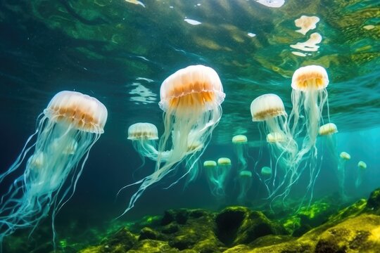 school of translucent jellyfish drifting in the current