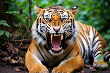 Obraz premium a tiger with a mouth wide open showing teeth