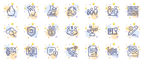 Outline set of Edit, Product knowledge and Binary code line icons for web app. Include Diagram chart, Stress, Save planet pictogram icons. Creative design, Eye detect, Business hierarchy signs. Vector