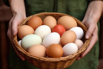 handheld basket with freshly collected farm eggs