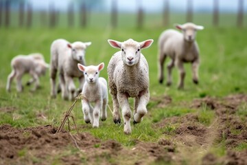 a lambs herd playfully roaming around in a meadow