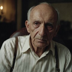 Obraz premium Elderly Man in Contemplation, Portrait in a Vintage Room, Showing Reflective Mood and Life Experience