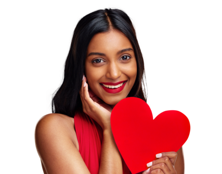 Portrait, heart or woman with romance on valentines day isolated on png transparent background for love. Red lips, emoji or happy young female holding a shape or symbol of affection, care or kindness