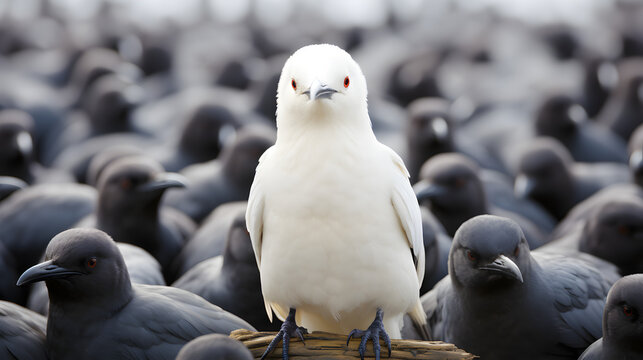 A white crow among many black crows, not like everyone else. Concept of individual stranger in society, black sheep